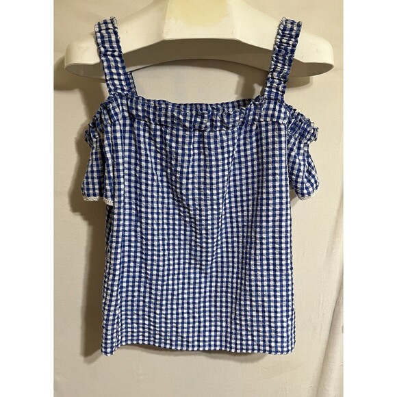 A. Byer  Blouse, Cold Shoulder, Navy & White Checkered Square Dance Western O - Picture 2 of 5